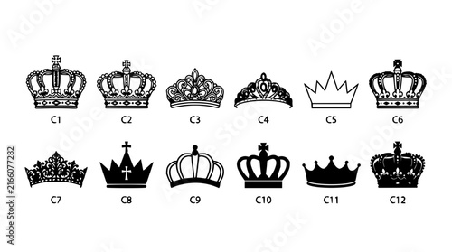 Twelve crowns set with intricate designs featuring regal symbols, jewels, and ornamental details with vintage and modern styles and