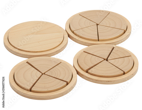 Educational wooden fraction circles for math learning on a transparent backdrop