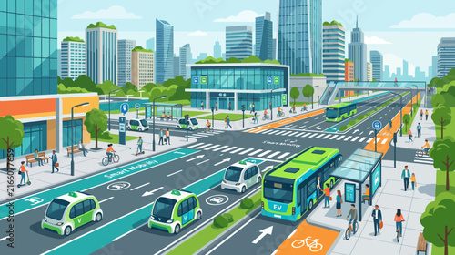 Futuristic smart city with electric vehicles, autonomous transport, and green infrastructure