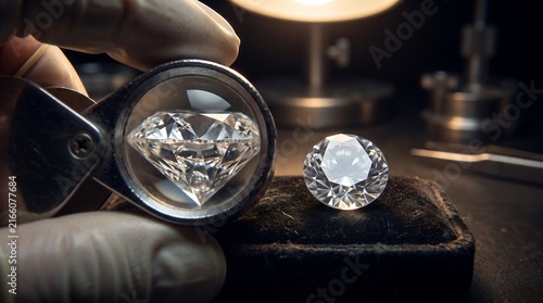 Jeweler inspecting loose diamond under magnification lens to determine clarity and quality grade on black velvet jeweler display pad