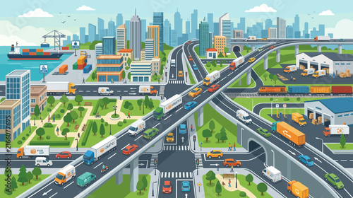 Bustling Cityscape with Traffic, Highways, and Port