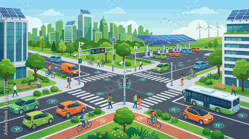 Eco-friendly city intersection with electric cars, solar panels, and smart technology