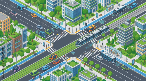 Eco-friendly city intersection with electric transport, smart technology, and green architecture.