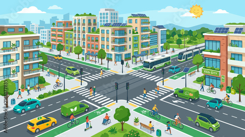Eco-friendly city intersection with green transport, buildings, and solar panels