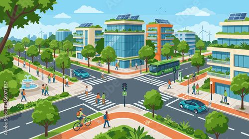 Eco-friendly city street scene with sustainable transport, green buildings, and people