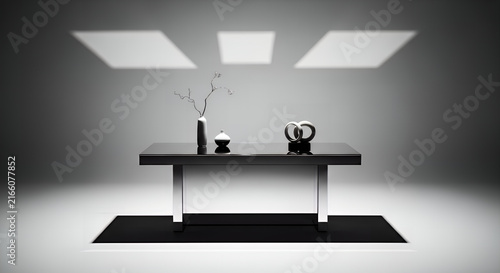 Modern Business Professional Working at a Desk in a Stylish Minimalist Office Interior with 3D Rendered Furniture and Ambient Lighting