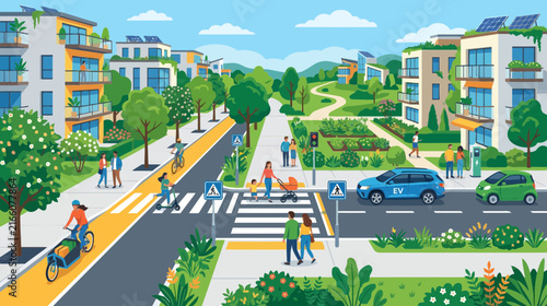 Eco-friendly cityscape with electric cars, bikes, and green buildings