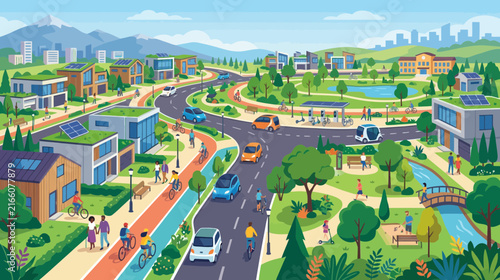 Eco-friendly futuristic city with green roofs, solar panels, electric vehicles, and bike lanes.
