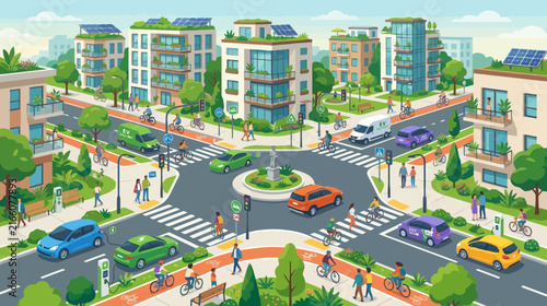 Eco-friendly urban landscape with sustainable buildings, electric vehicles, and green spaces.
