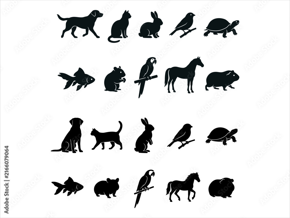 Obraz premium Collection of animal silhouettes including dogs cats rabbits birds fish and horses in a simple black and white style