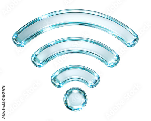 Crystal glass Wi-Fi symbol isolated on white background, Frutiger Aero glossy interface icon for digital connectivity design
