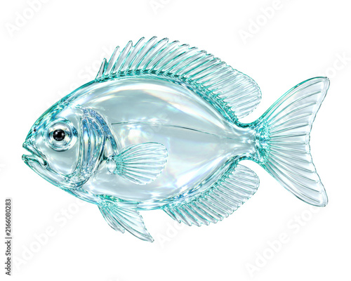 Transparent glass tropical fish isolated on white background, Frutiger Aero crystal aquatic element for nature and wellness design
