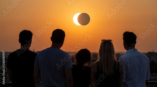 Group of diverse friends gathered on rooftop watching a solar eclipse in sunset sky