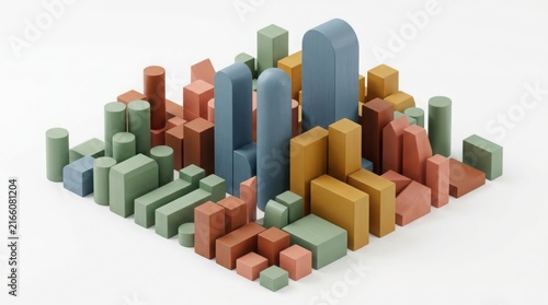 A miniature city model constructed from colorful wooden blocks, featuring various shapes and heights to represent an urban architectural layout