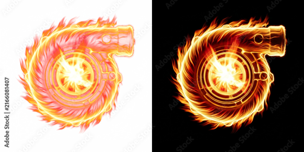 Fototapeta premium Blazing Turbocharger Scroll Silhouette Made Of Fire Overlay Isolated On Transparent Background