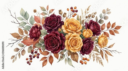 Watercolor floral arrangement featuring deep burgundy and golden yellow roses with autumn leaves and dried berries on white