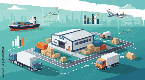 Blue cargo truck driving on a green road in an isometric vector style