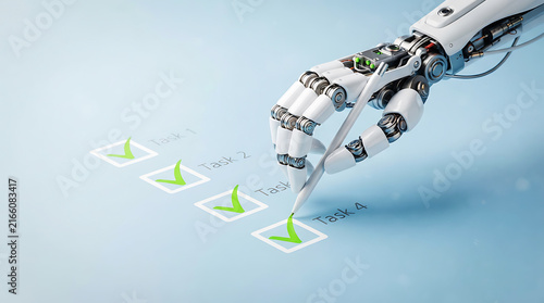 Robotic hand green checkmark in 3 d space