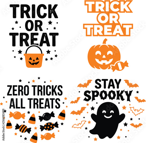 Spooky Halloween T-Shirt Design Set with Cute Ghosts, Pumpkins and Bats