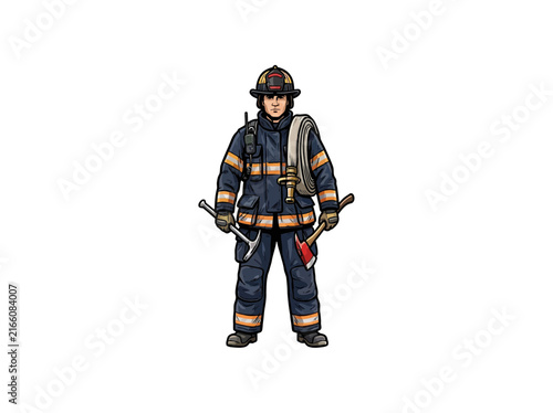 Brave Firefighter Wearing Full Turnout Gear Including Helmet And Boots Equipped With Radio Holding Tool And Axe And Carrying Coiled Hose Over Shoulder Vector Illustration
