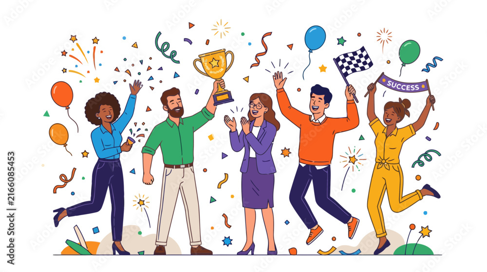 Fototapeta premium Diverse team celebrates victory with trophy and confetti, isolated on transparent background