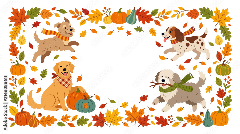 Fototapeta premium Cute Dogs in Autumn Fall Leaves Border Frame Illustration