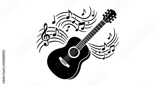 Acoustic Guitar with Flowing Musical Notes - Black Silhouette Vector Illustration