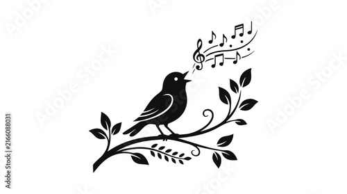 Singing Bird Sitting on Leafy Tree Branch with Musical Notes - Black Silhouette Vector Illustration