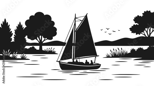 Sailboat Sailing on Calm Lake Surrounded by Trees - Black Silhouette Vector Illustration
