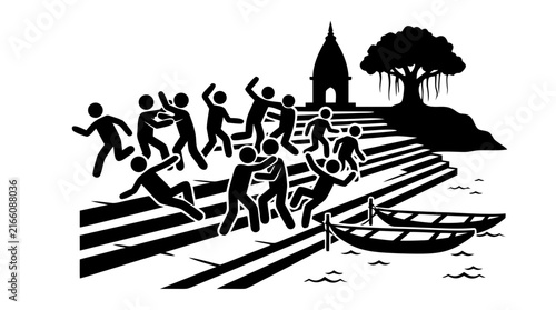 Chaos and Stampede of Stick Figures on River Ghat Stairs near Temple - Pictogram Vector