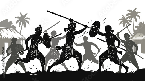 Ancient Warriors Fighting with Spears and Shields in Village - Vector Silhouette Illustration