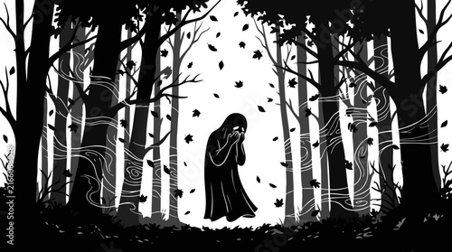 Ghost Crying in Spooky Autumn Forest - Vector Silhouette Illustration