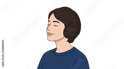 Young Woman Listening to Music with Headphones - Vector Illustration