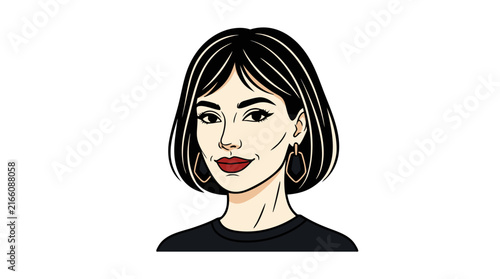 Beautiful Young Woman with Short Black Bob Haircut and Earrings - Vector Portrait Illustration