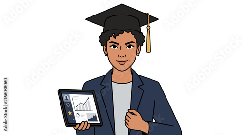 Black Female Graduate Holding Digital Tablet with Data Chart - Vector Illustration