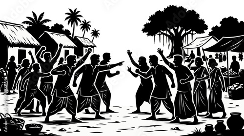 Angry Group of Indian Villagers Arguing in Countryside - Vector Silhouette Illustration