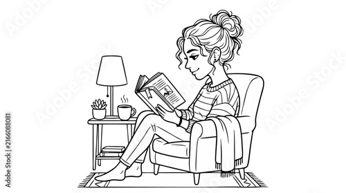 Young Woman Reading Book while Relaxing on Armchair at Home - Vector Illustration