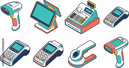 Set of Isometric POS Terminals, Cash Registers, and Barcode Scanners for Retail and Commerce