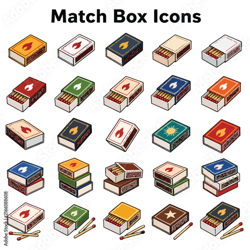 Match Box Icons Set – Matches, Fire, Flame, Ignition and Camping Symbols