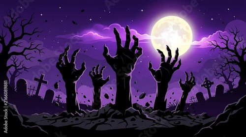 Scary zombie hands emerging from graveyard at night