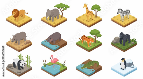 Colorful isometric animal illustrations in nature scenes.