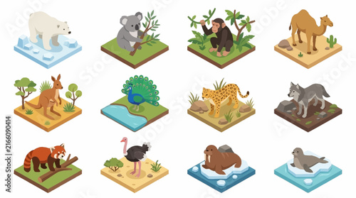 Colorful Isometric Animal Collection in Flat Design Style.