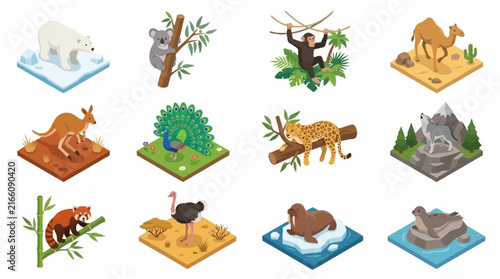 Colorful Isometric Wildlife and Nature Scene Collection.