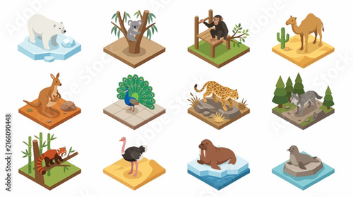 Isometric illustrations of diverse animals and plants.