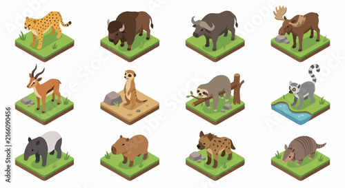 Colorful Isometric Pixel Art Wild Animals Collection.