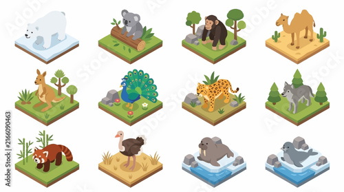 Isometric pixel art collection of animals and nature scenes.