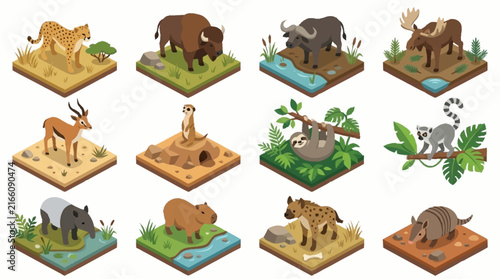 Colorful Isometric Wild Animals in Natural Habitats.