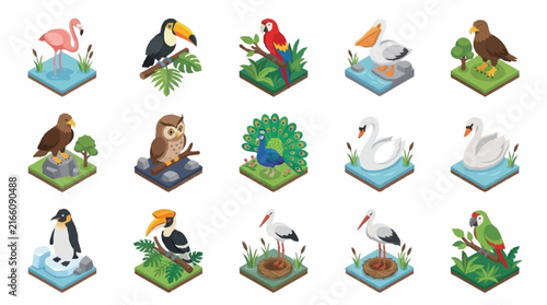 Colorful Isometric Bird and Animal Collection.