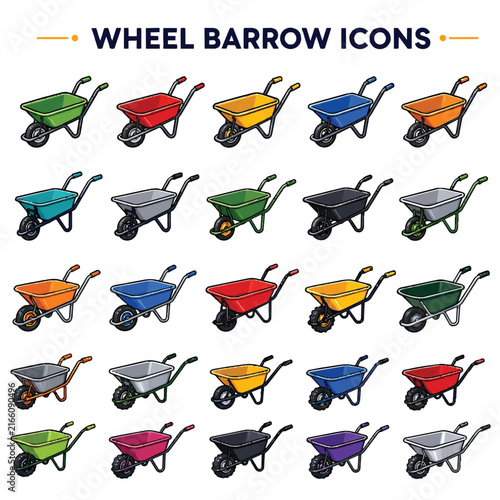 Wheelbarrow Icons Set – Gardening, Construction, Landscaping and Material Transport Tools