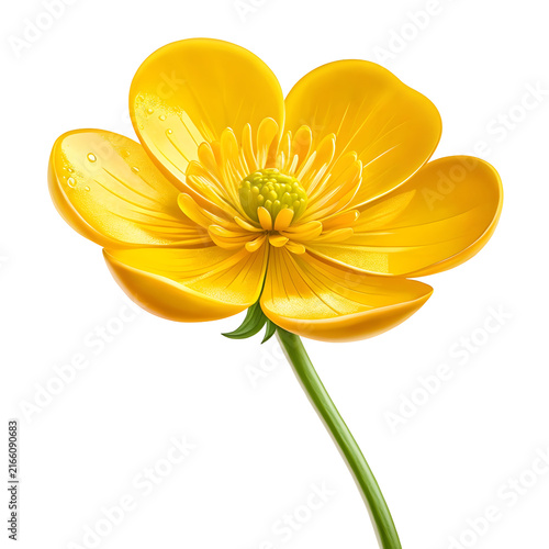 Single bright yellow buttercup flower with green stem isolated on white